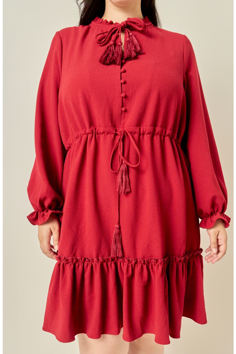 Tassel Trim Ruffle Dress, Alternate, color, BURGUNDY