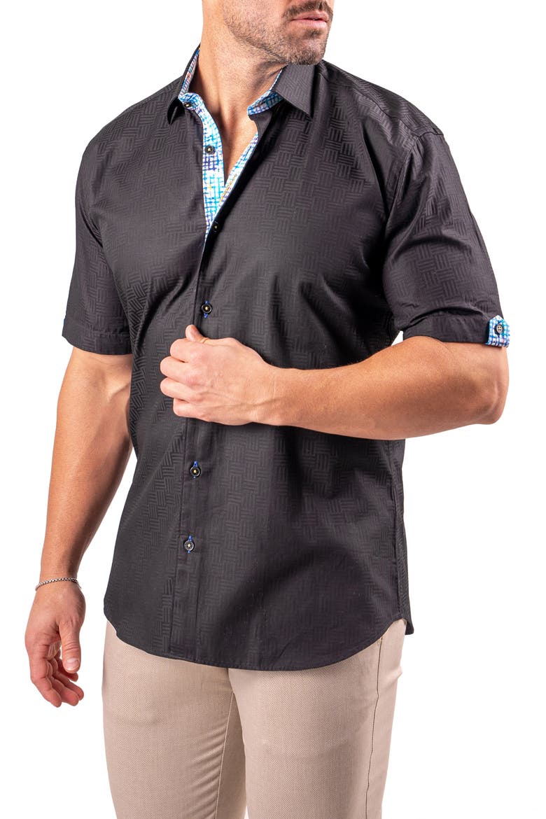 Galileo Resistance0144 Black Geo Jacquard Short Sleeve Cotton Button-Up Shirt, Alternate, color, BLACK