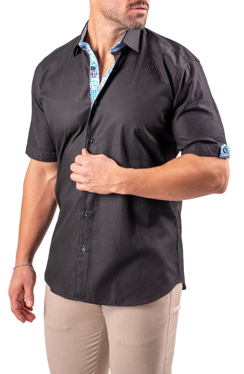 Maceoo Galileo Resistance0144 Black Geo Jacquard Short Sleeve Cotton Button-Up Shirt, Alternate, color, Black