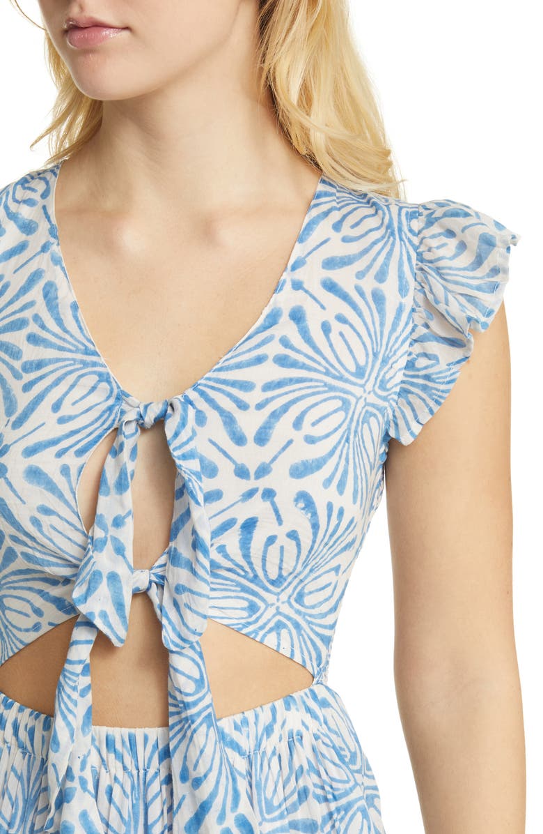 ALICIA BELL Cutout Tie Front Cotton & Silk Cover-Up Maxi Dress, Alternate, color, Blue Psychedelic