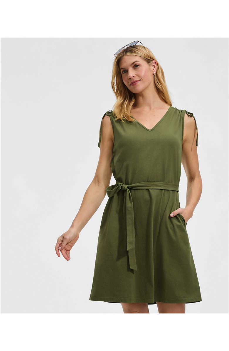 Lands' End Cotton Jersey Shoulder Tie Belted Mini Dress, Alternate, color, Artichoke