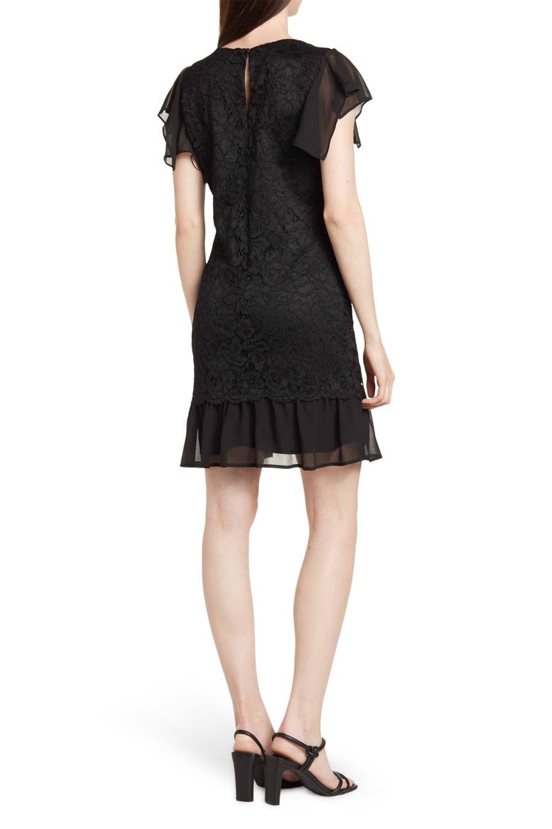 Flutter Sleeve Lace & Chiffon Dress, Alternate, color, BLACK