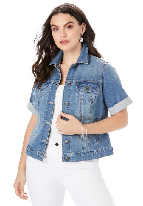 Plus Size Short Sleeve Stretch Denim Jacket