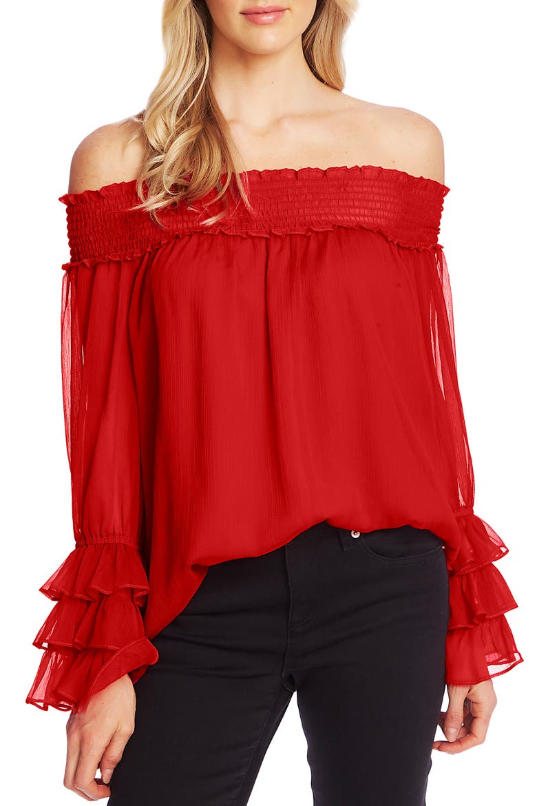 Smocked Off the Shoulder Blouse, Main, color, RIBBON RED
