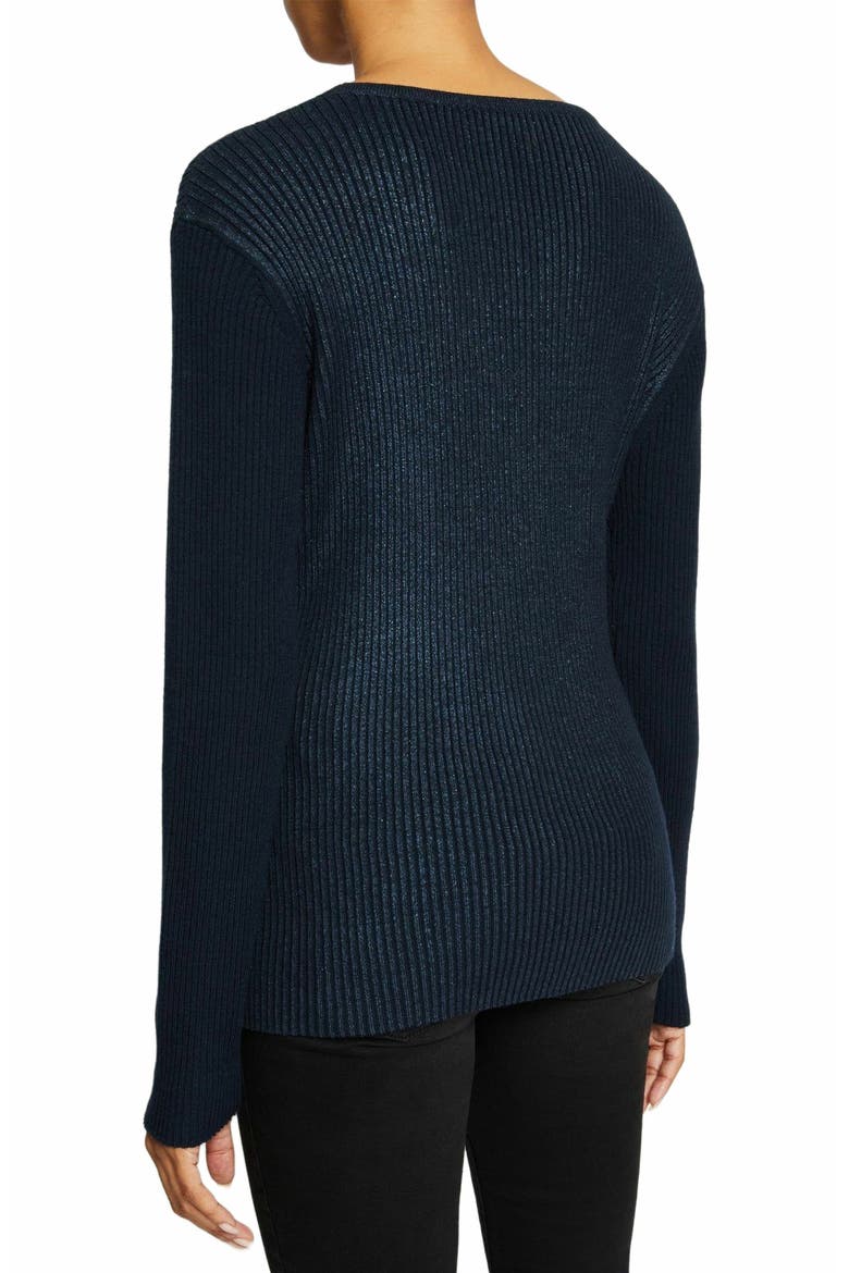 STACY Crossover V-Neck Sweater in Coated Wool Blend, Alternate, color, SPACE BLUE