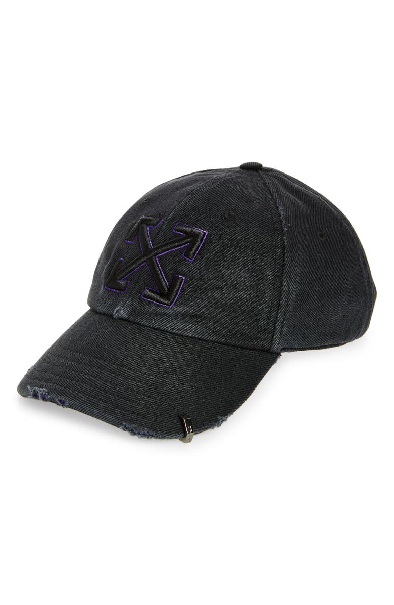 Off-White Arrow Distressed Denim Baseball Cap, Main, color, 