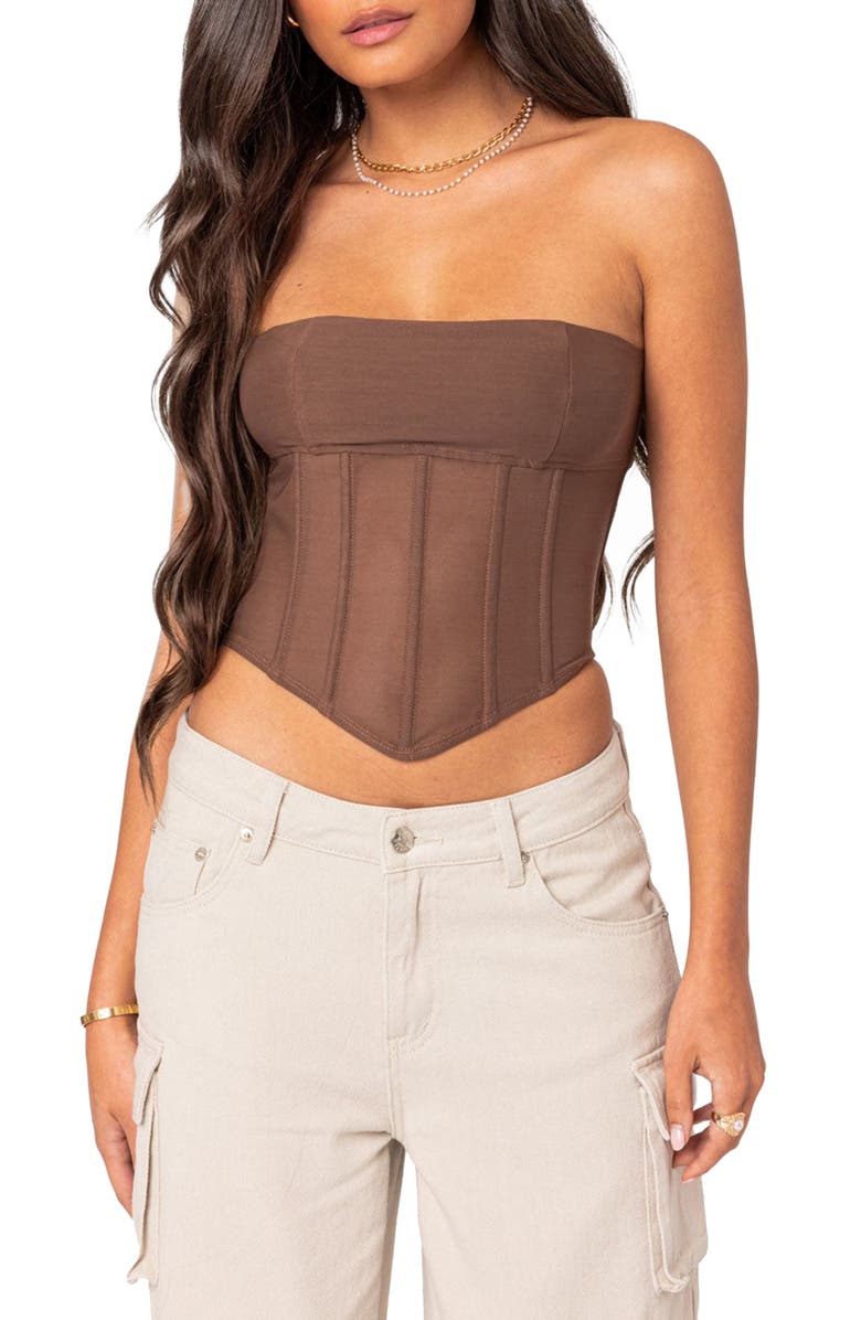 EDIKTED Evangeline Strapless Mesh Corset Top, Main, color,