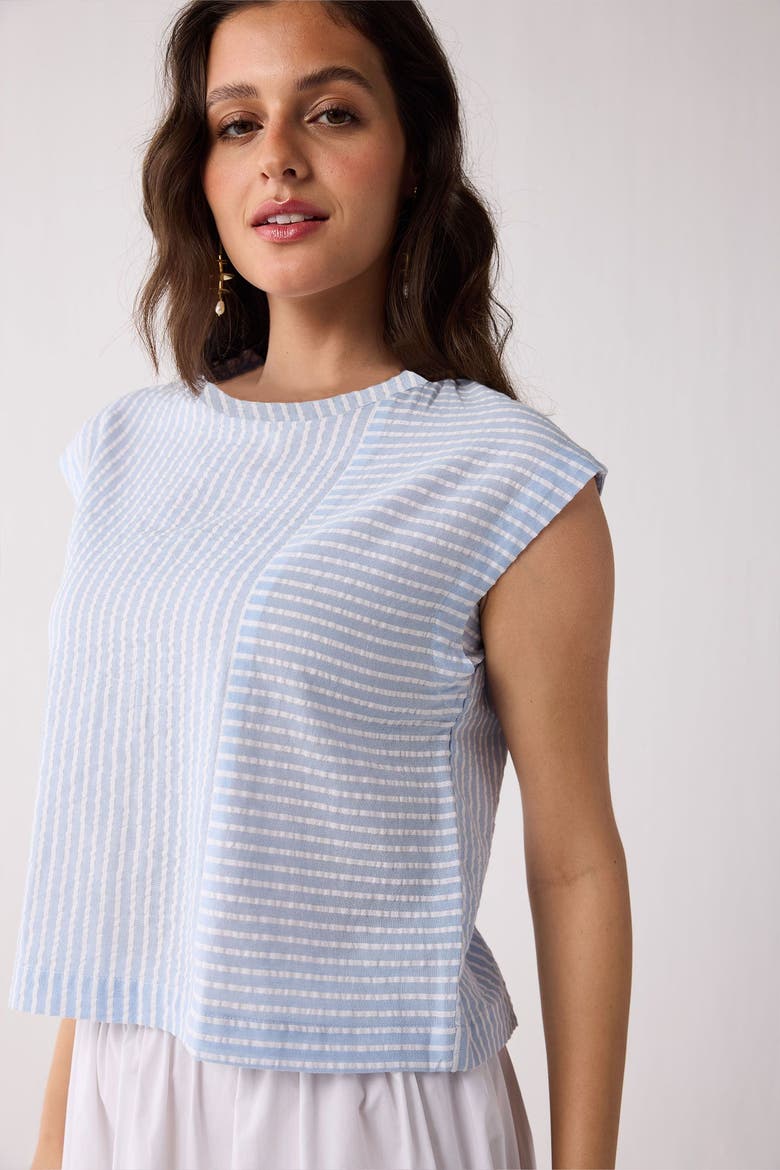 Button-Back Crew Neck Top in Blue Stripes, Alternate, color, Cloudline