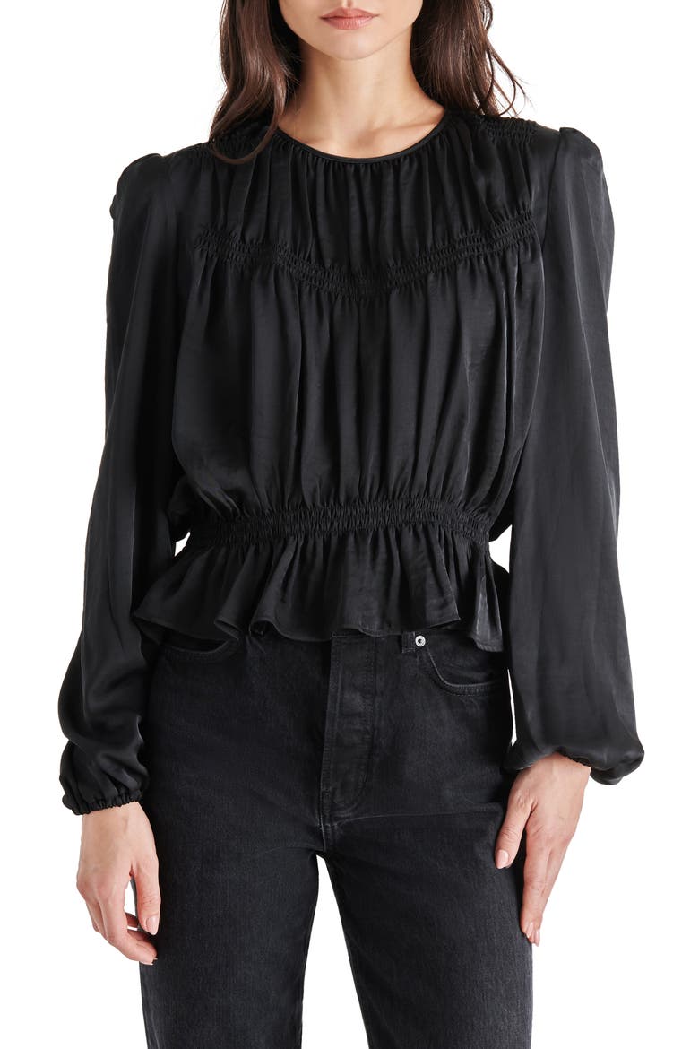 Pyper Ruched Satin Peplum Top, Main, color, BLACK