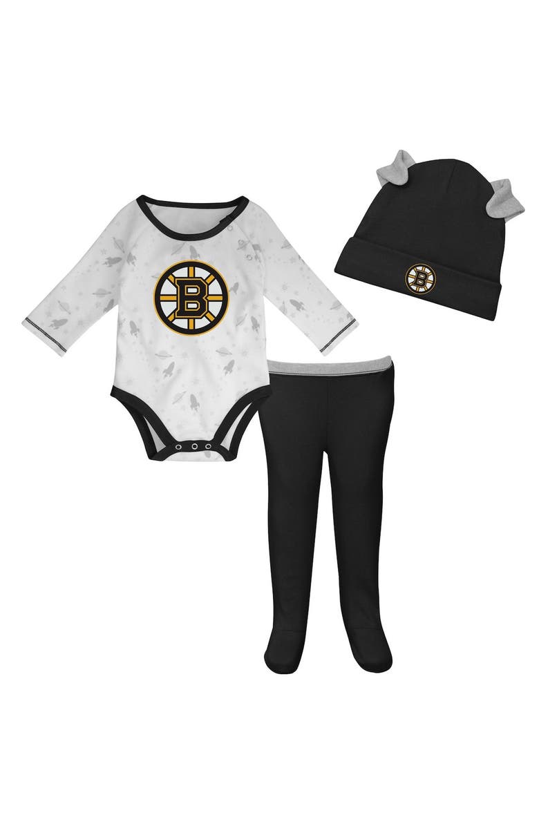 Outerstuff Newborn & Infant White/Black Boston Bruins Dream Team Hat Pants & Bodysuit Set, Main, color,