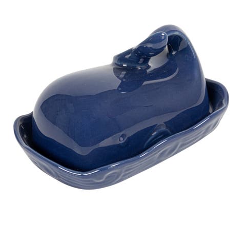 Coastal Stoneware Whale Shaped Butter Dish, Navy Blue