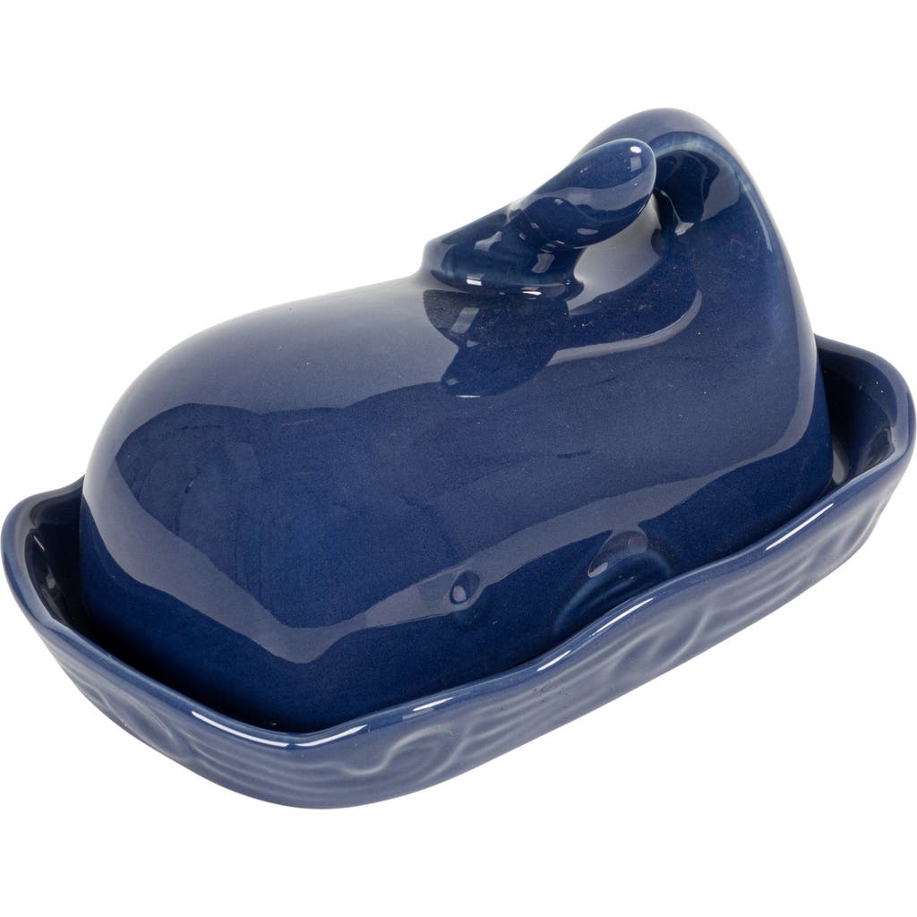 Storied Home Coastal Stoneware Whale Shaped Butter Dish, Navy Blue In Blue