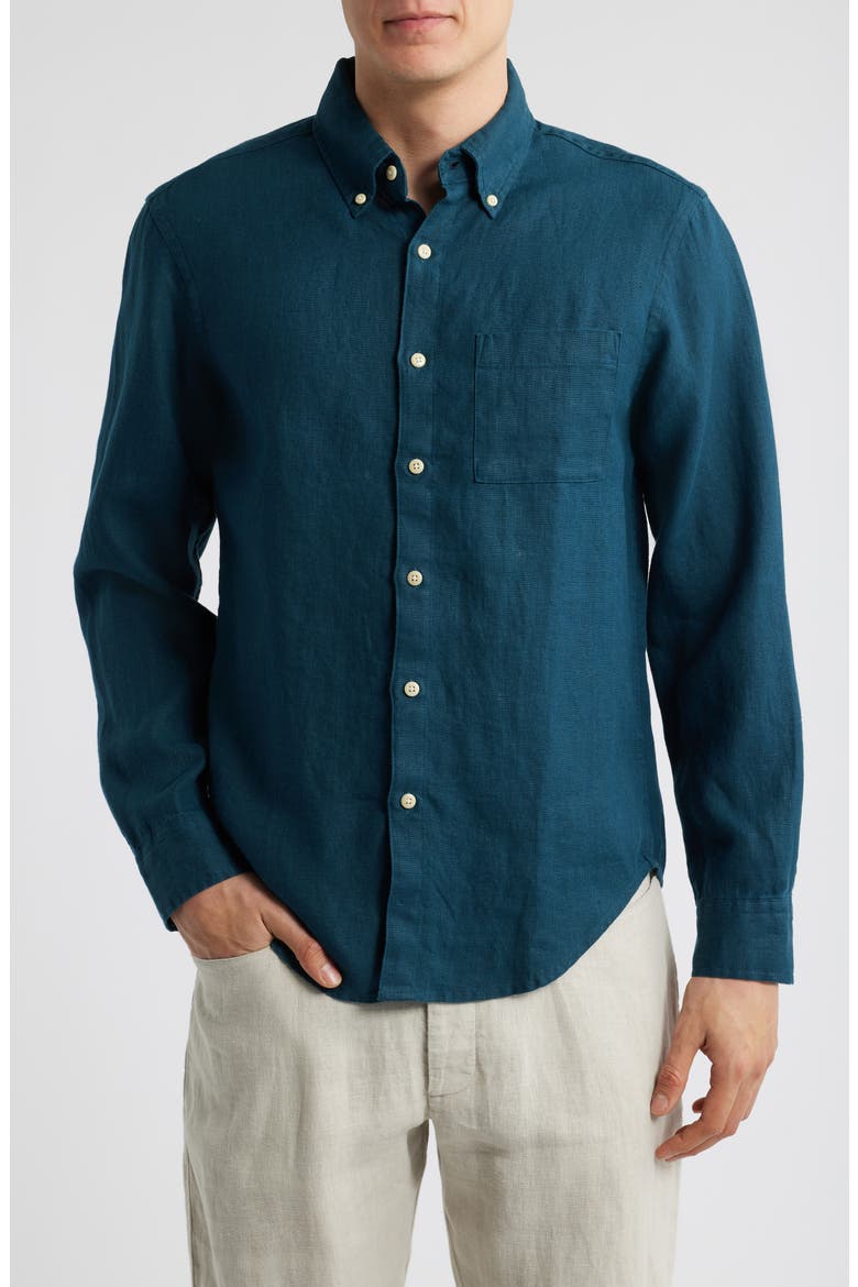 Playa Linen Button-Down Shirt, Main, color, DUSK
