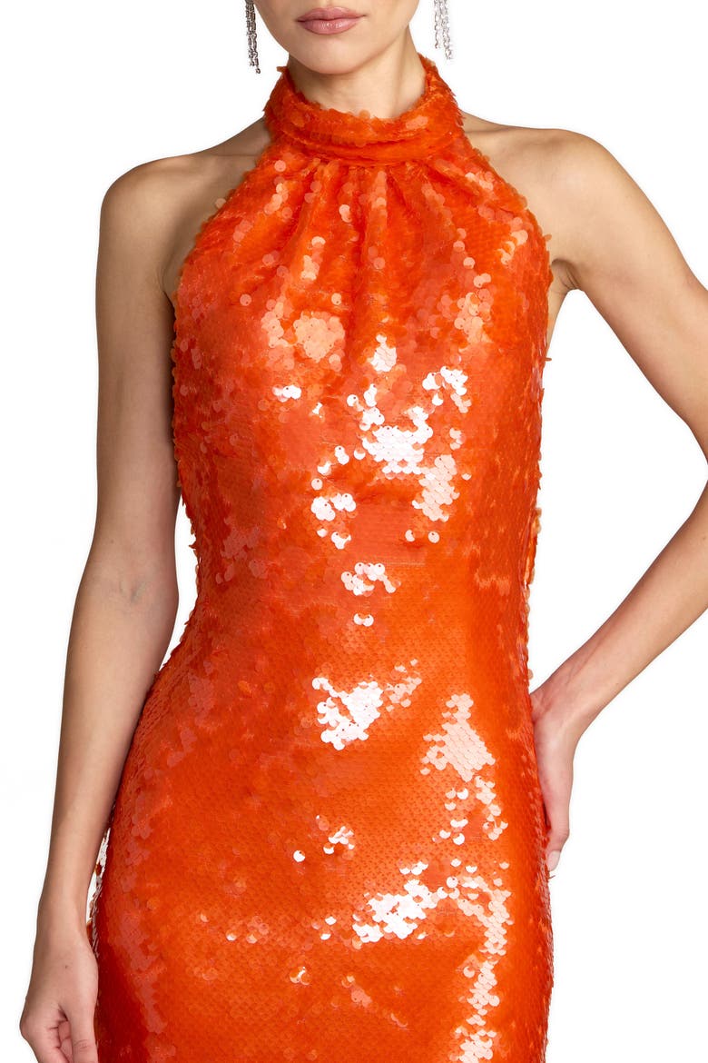 Sleeveless Sequin Halter Cowl Back Ankle Dress, Alternate, color, Tangerine