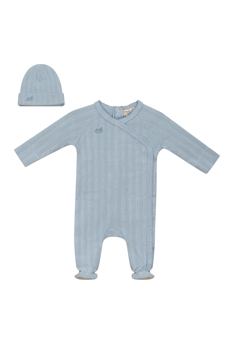 Pointelle Rib Wrap Romper and Matching Hat, Main, color, Blue Mist