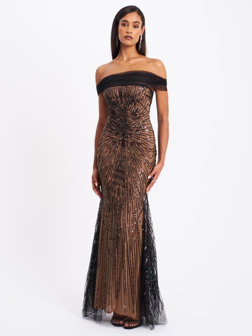 Miss Circle Women Qeturah Embroidered Sequin Off Shoulder Mesh Gown In Brown