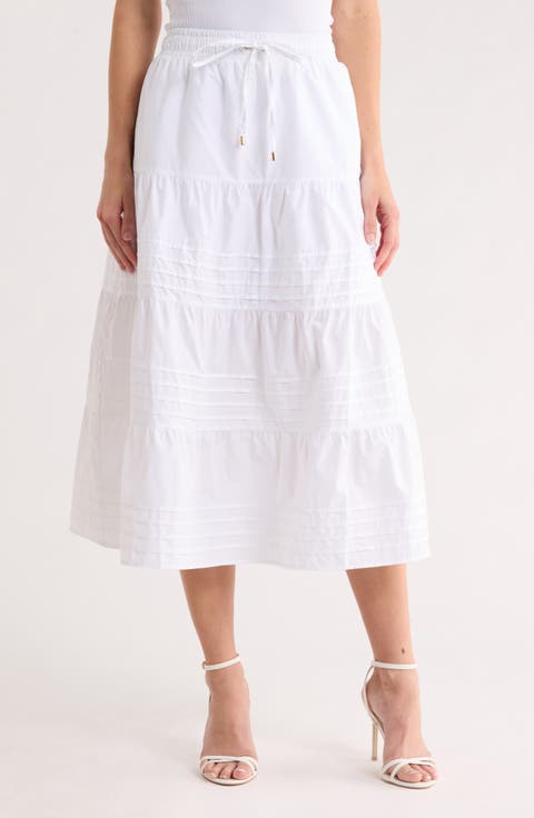 Pleated Tiered Cotton Pull-On Skirt