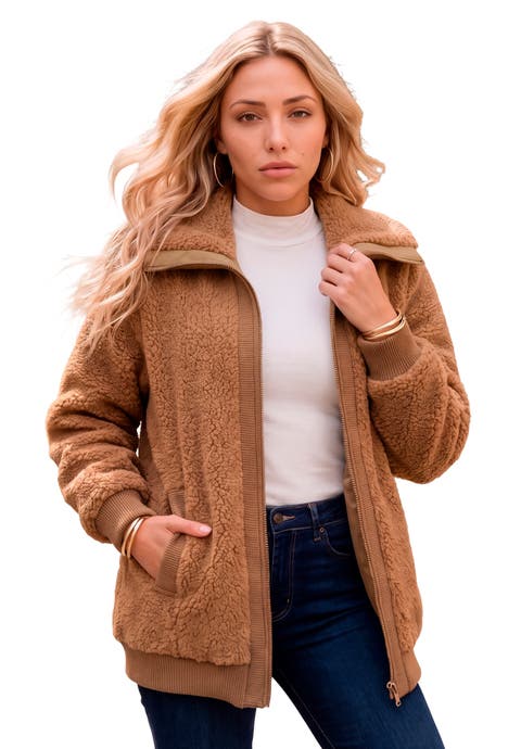 Plus Size High Collar Teddy Fleece Bomber