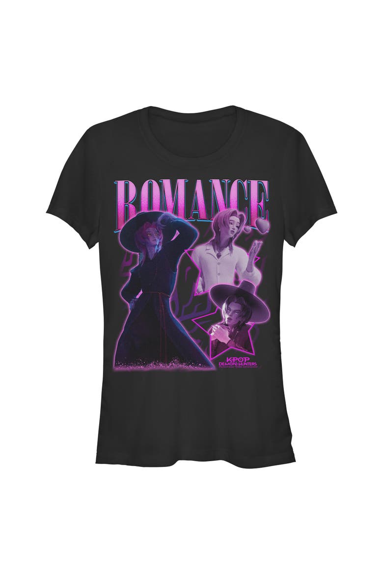 Juniors KPop Demon Hunters Romance Saja Collage T Shirt, Main, color, Black