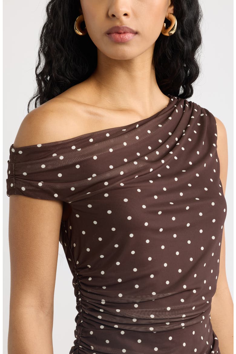 Off the Shoulder Mesh Midi Dress, Alternate, color, BROWN- IVORY CORNER DOT