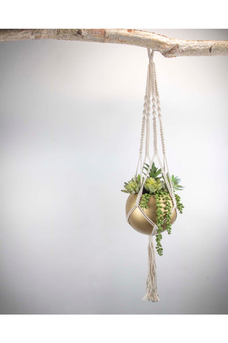 Macrame Hanging Planter with Gold Metal Planter Round Pot, Alternate, color, Gold