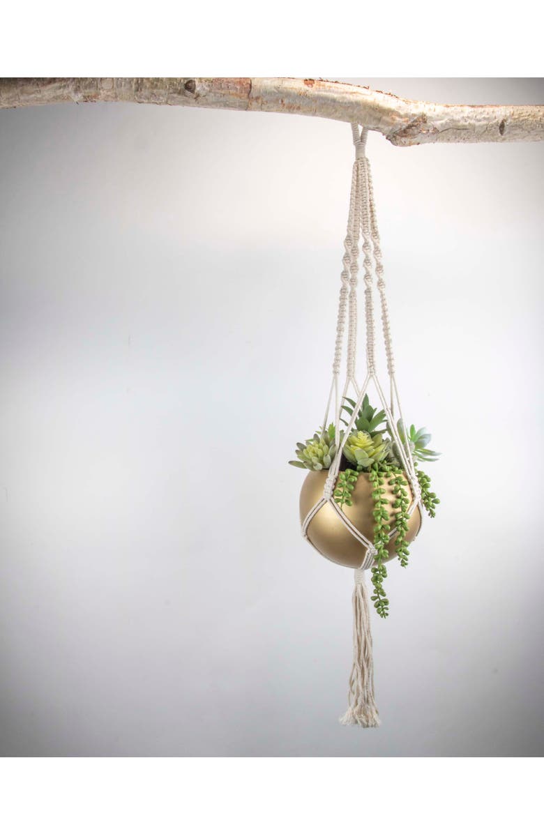Foreside Home and Garden Macrame Hanging Planter with Gold Metal Planter Round Pot, Alternate, color, Gold