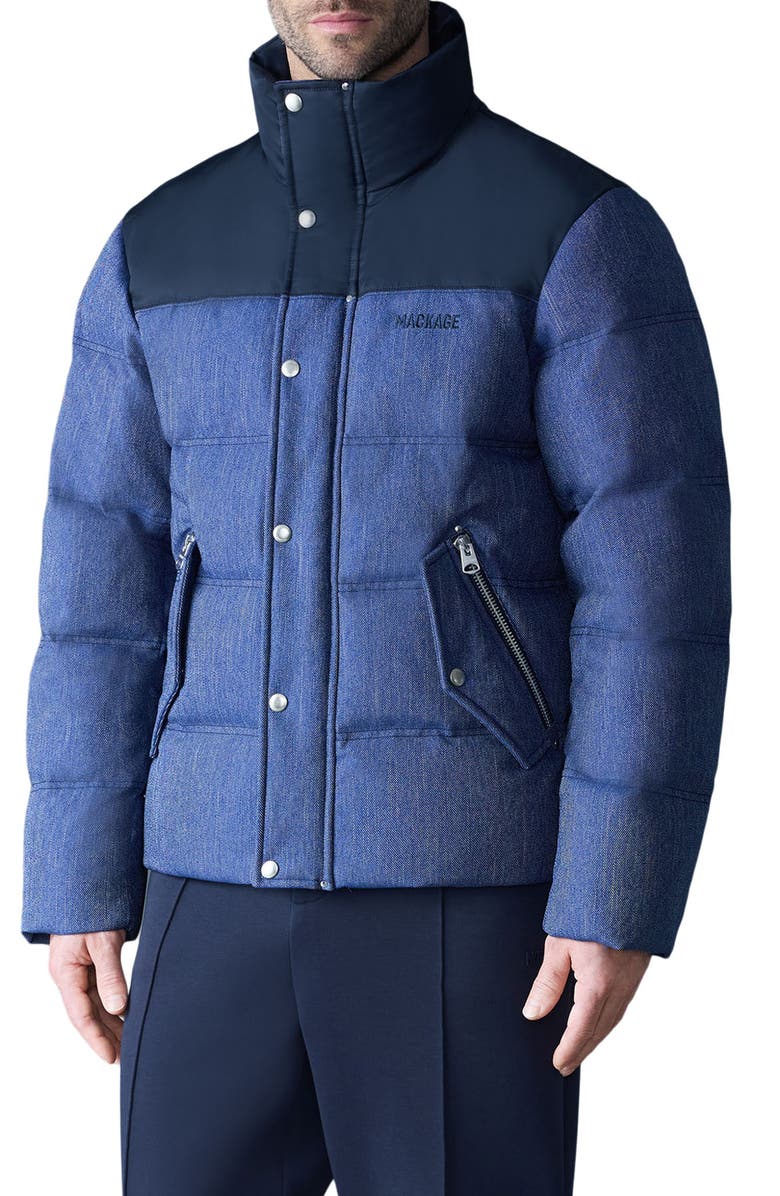 Mackage Everett Mixed Media Down Puffer Jacket, Main, color, Medium Denim