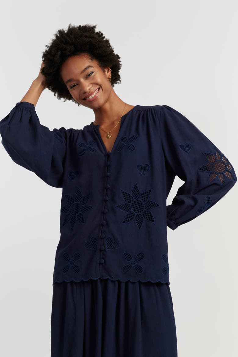 Linen-Blend Broderie Blouse, Alternate, color, Blue