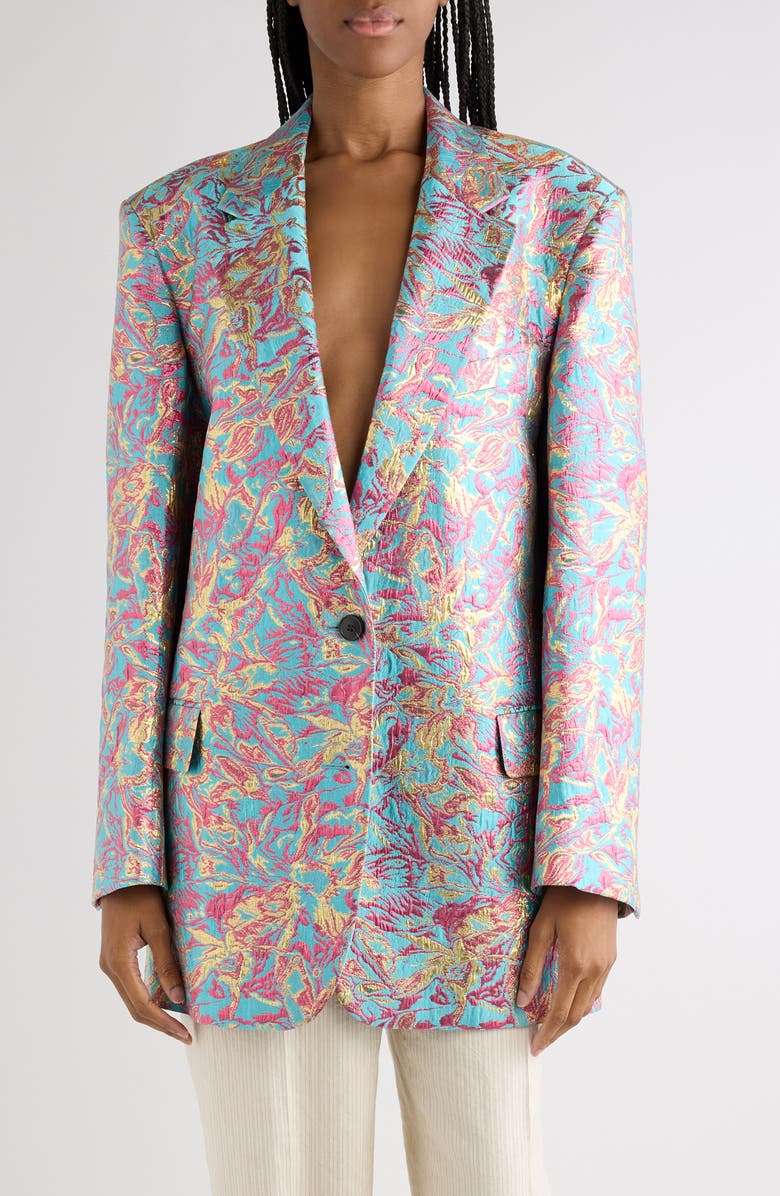 Dries Van Noten Floral Jacquard Lamé Blazer, Main, color, Turquoise