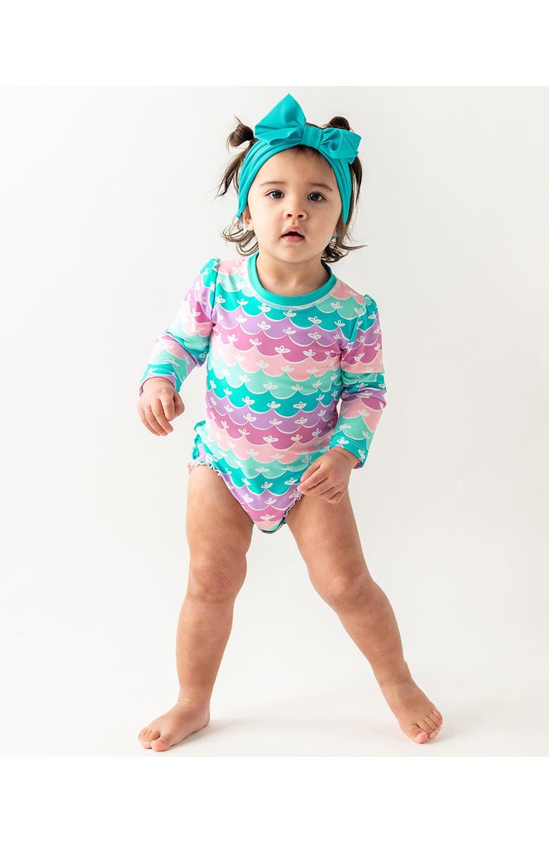 RuffleButts Baby Girls Long Sleeve UPF50+ One Piece Rash Guard, Alternate, color, Mermaid