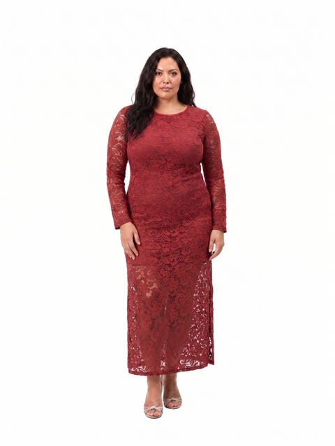 24seven Comfort Elevate Curvy Round Neck Long Sleeve Lace Maxi Dress