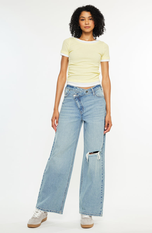 Kancan Cynn Low-slung Crossover Wide Leg Jeans In Blue