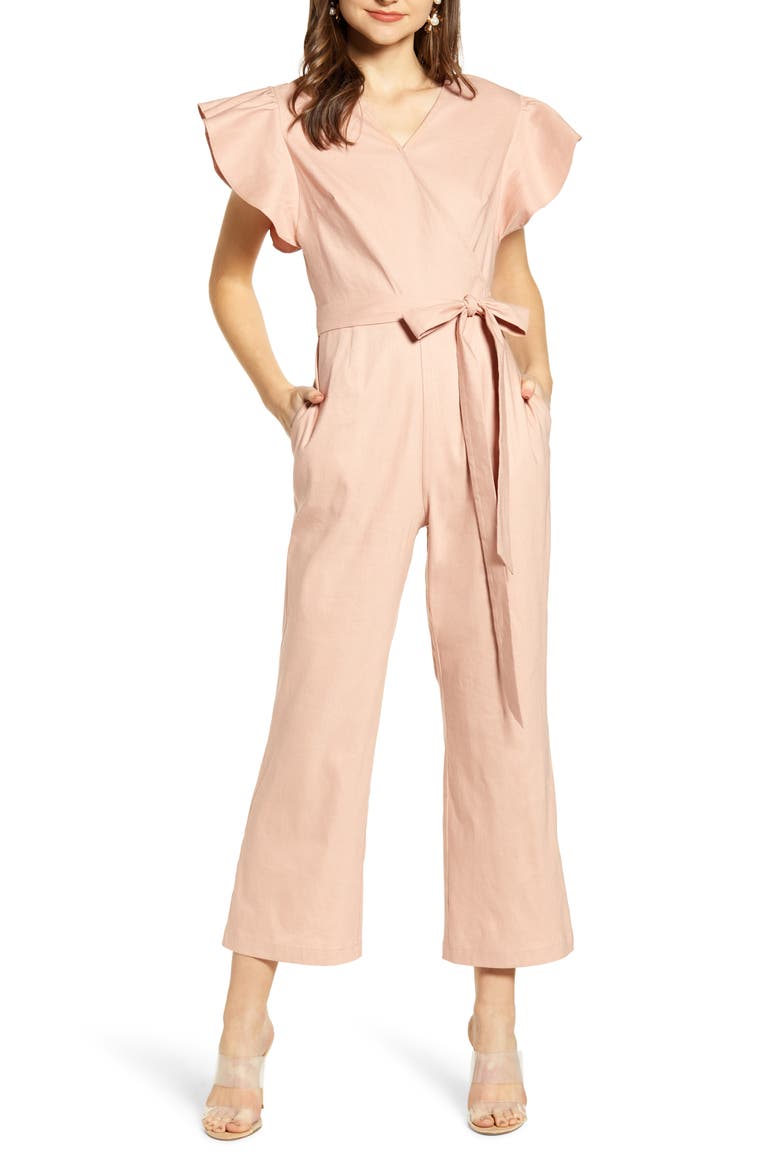 Ruffle Sleeve Jumpsuit, Main, color, PINK TAN