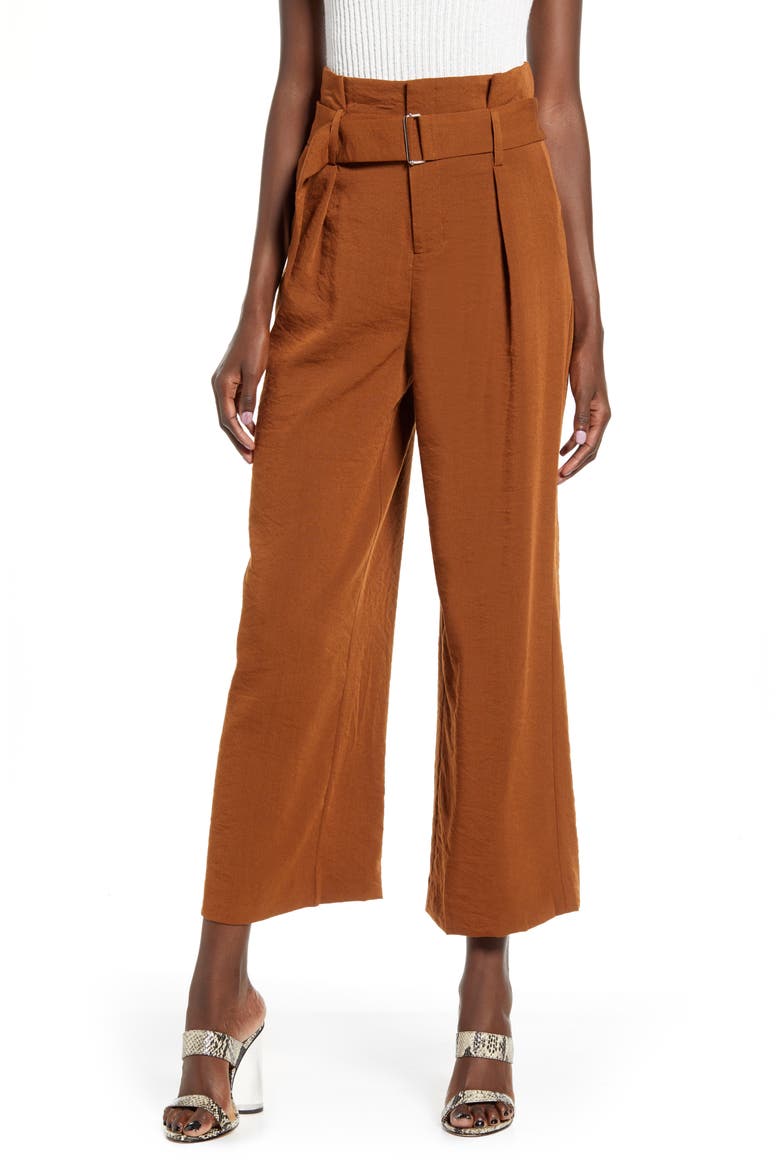 Pleated Wide Leg Crop Trousers, Main, color, DARK BROWN