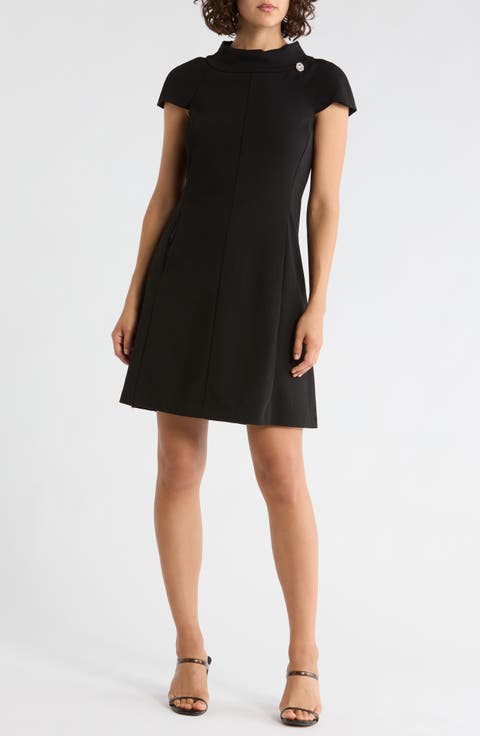 Mock Neck Cap Sleeve A-Line Dress