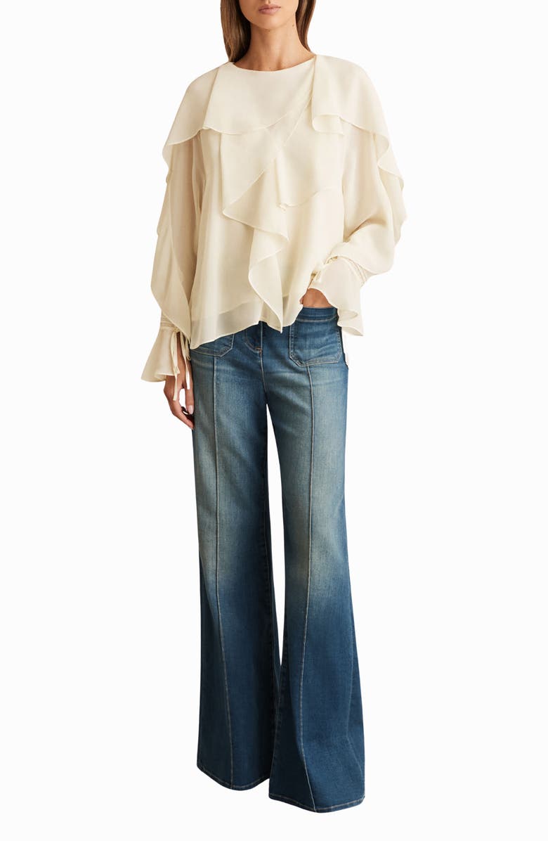 Reiss Milo Semisheer Ruffle Fluted Sleeve High-Low Top, Alternate, color, Cream