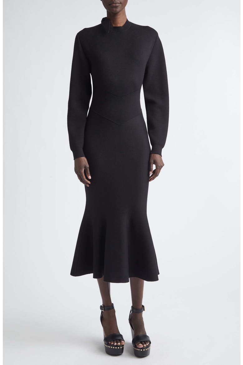 Long Sleeve Bow Wool & Cotton Blend Trumpet Sweater Dress, Main, color, BLACK
