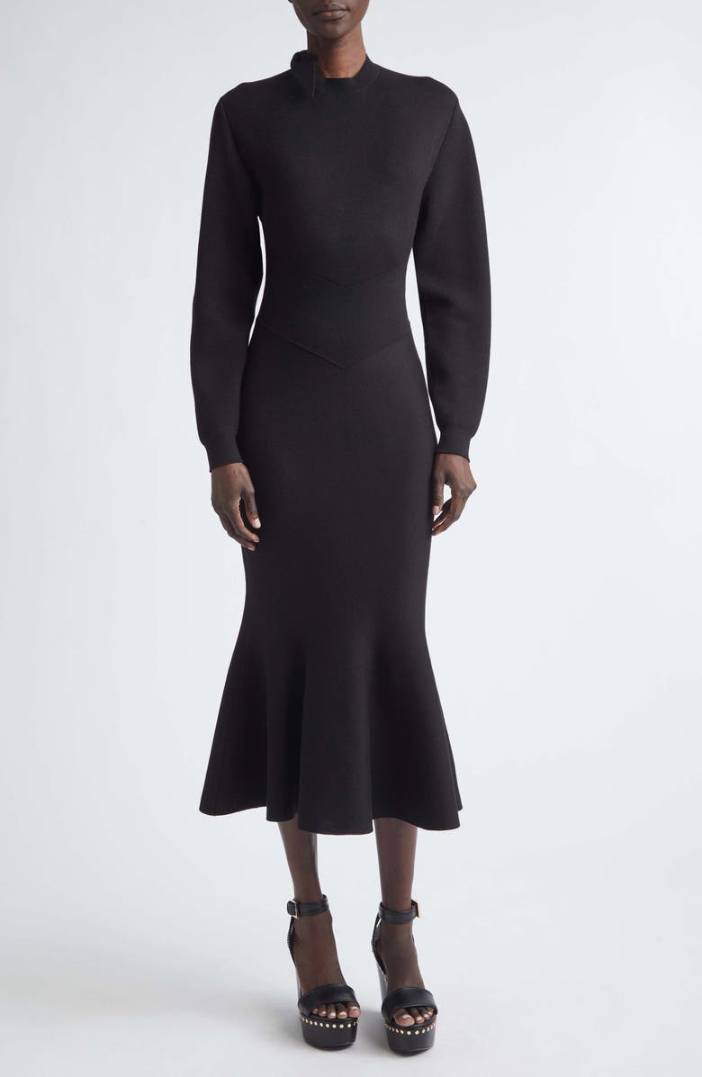 Givenchy Long Sleeve Bow Wool & Cotton Blend Trumpet Sweater Dress, Main, color, Black