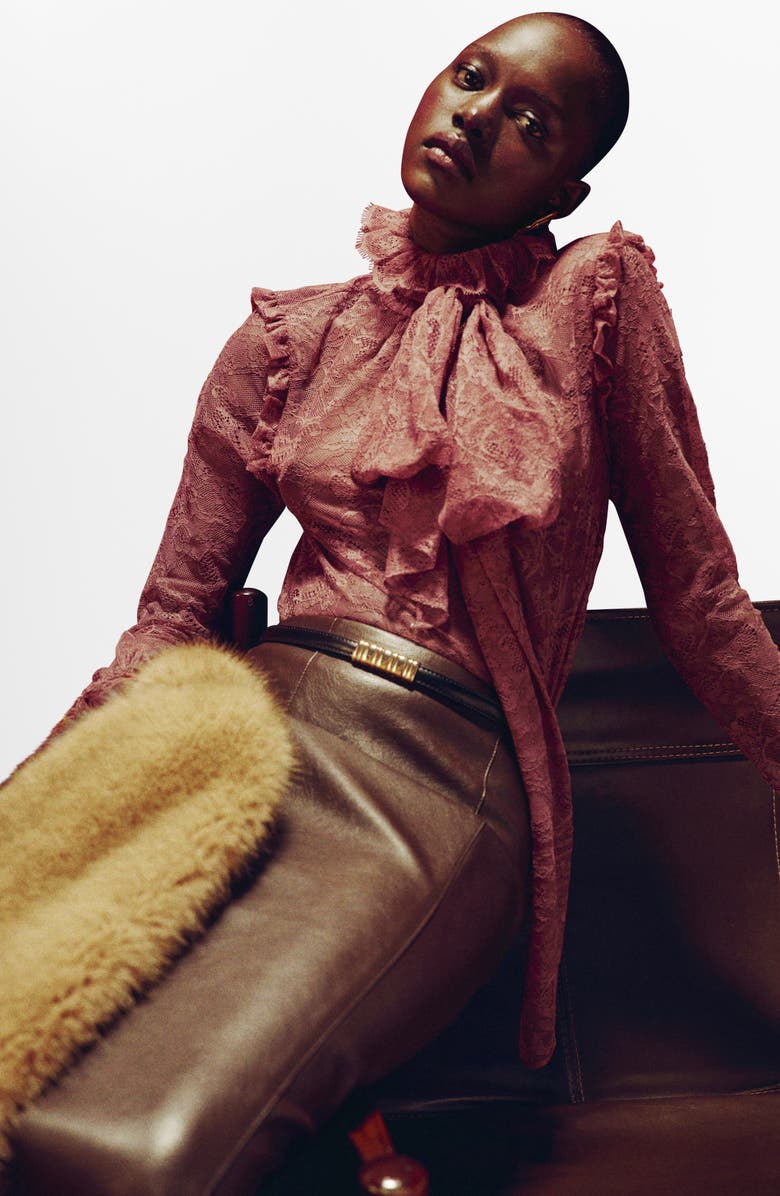 MANGO Ruffle Tie Neck Lace Top, Alternate, color,