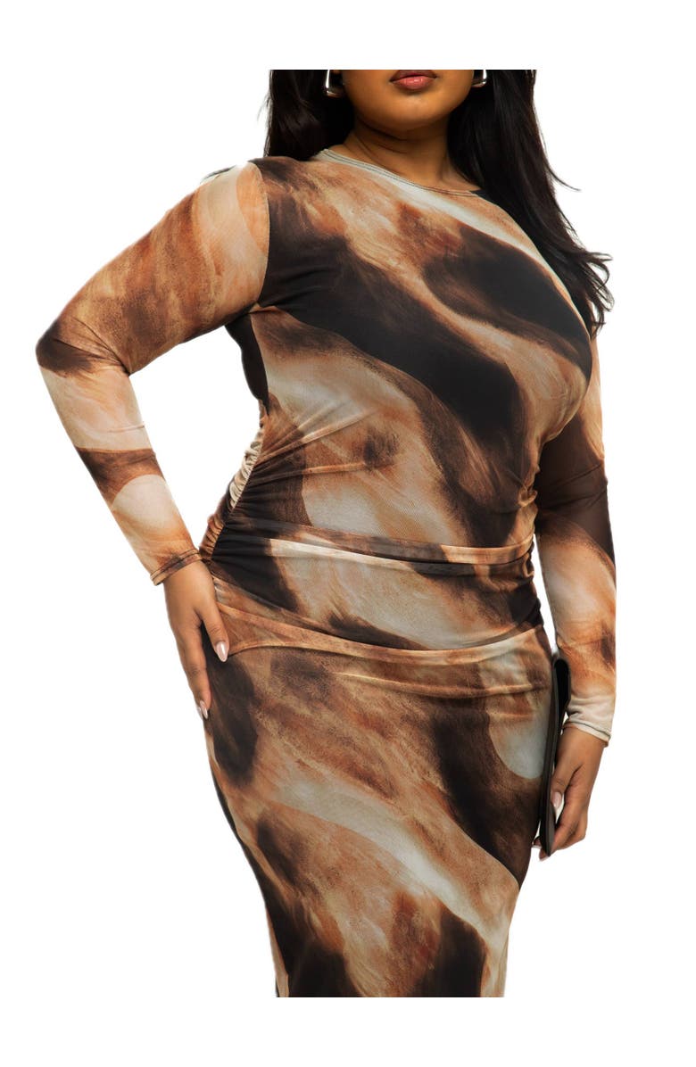 FASHION-SZN CURVE Long Sleeved Abstract Print Midaxi Dress, Alternate, color, Brown