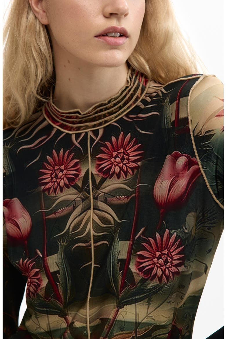 Floral Print Long Sleeve T-Shirt, Alternate, color, BLACK