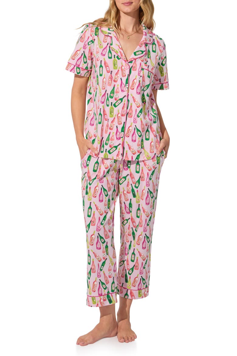 Print Stretch Organic Cotton Jersey Crop Pajamas, Main, color, WINE TOUR