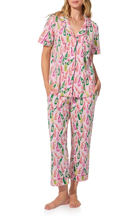 Print Stretch Organic Cotton Jersey Crop Pajamas