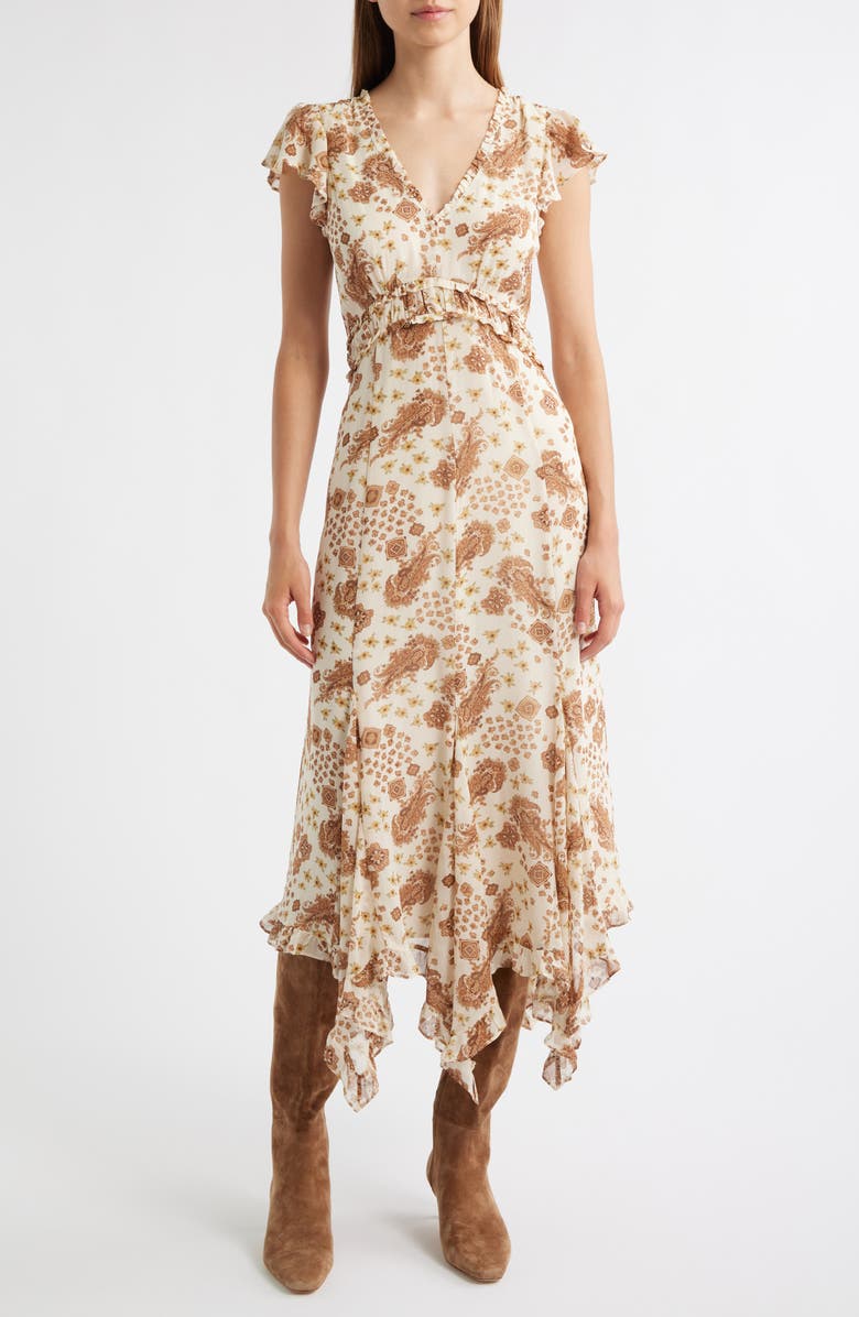 PAIGE Eleonora Ruffle Print Silk Midi Dress, Alternate, color, Ecru Multi