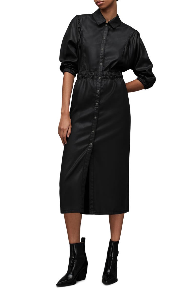 Osa Coated Denim Midi Shirtdress, Main, color, BLACK