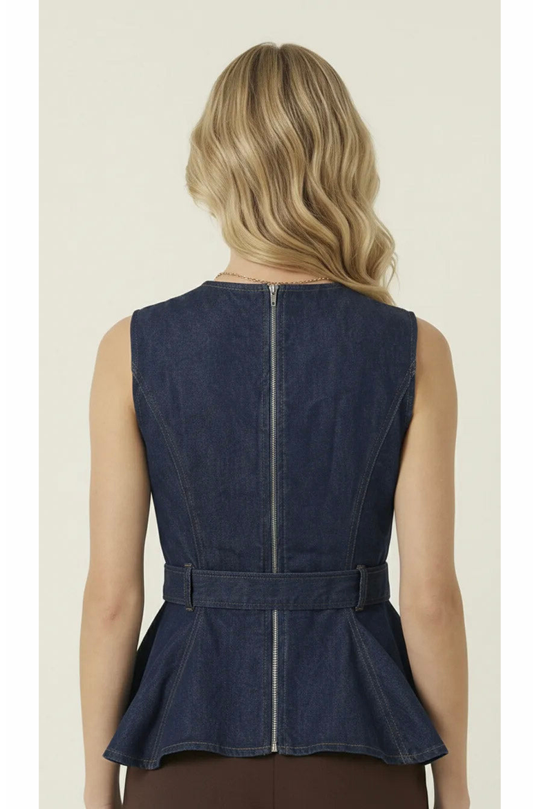 Belted Denim Peplum Top, Alternate, color, Navy