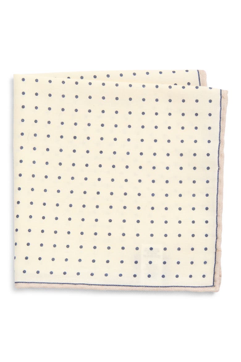 Polka Dot Wool & Cotton Muslin Pocket Square, Main, color, IVORY AND BLUE