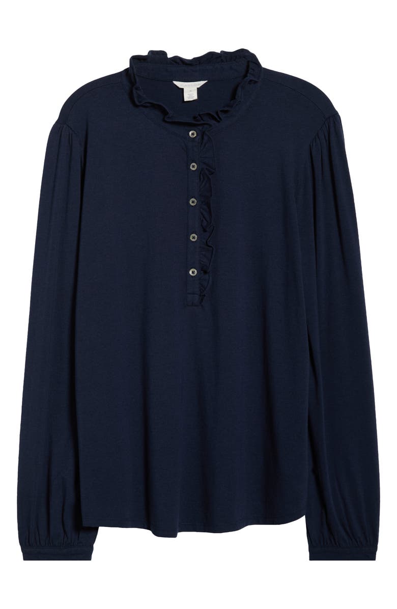 Caslon<sup>®</sup> Ruffle Detail Long Sleeve Henley, Main, color, Navy Still