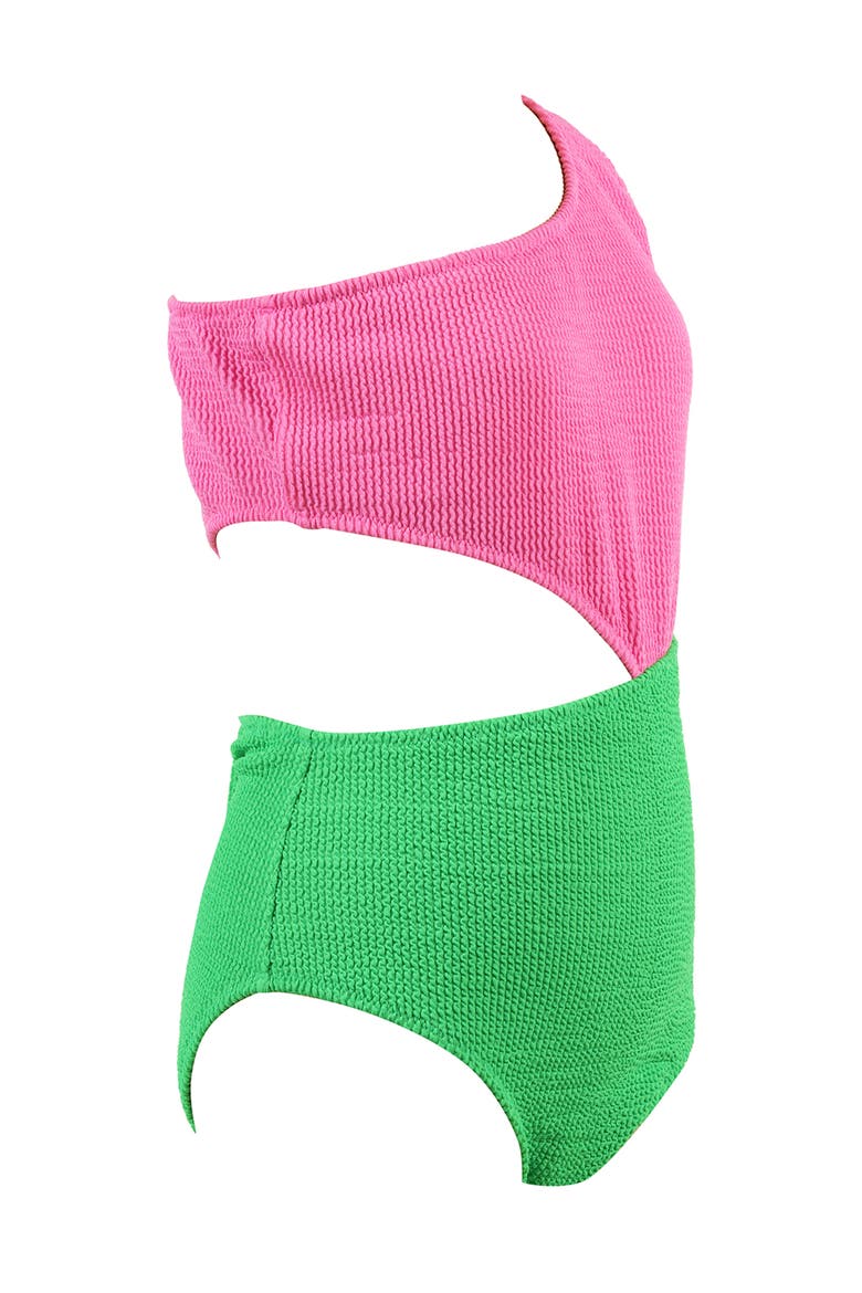 Textured Neon Color-Block One-Shoulder  with Side Cutout One-Piece Swimsuit, Alternate, color, Multicolor