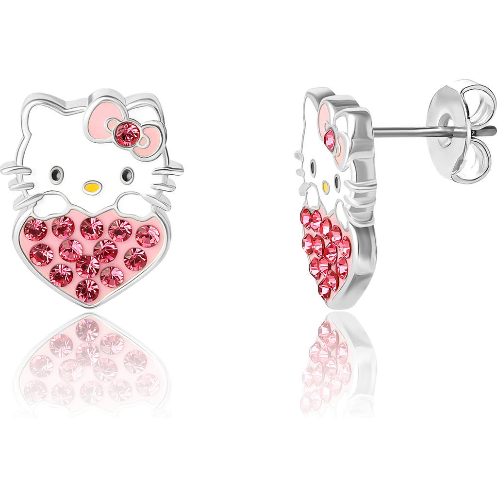 Hello Kitty Enamel And Crystal Head On Heart Stud Earrings In Metallic